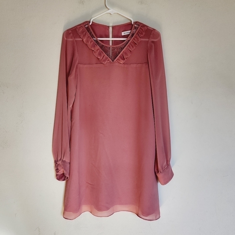 BCBGeneration Dusty Rose Lace/ Ruffle Neckline Long-Sleeve Shift Dress NWOT